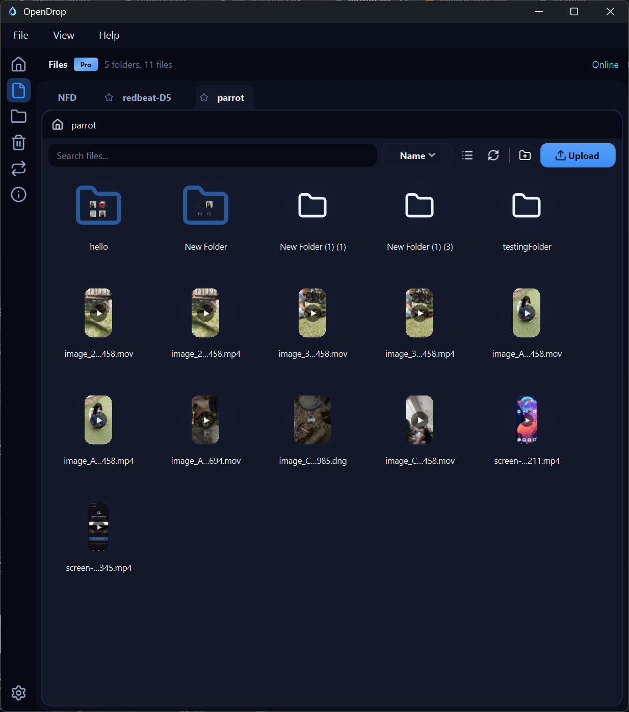 OpenDrop on Windows, Files tab with photo thumbnails